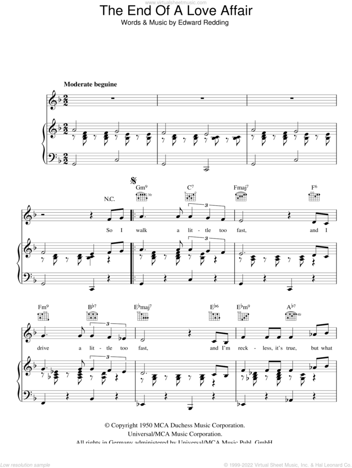 The End Of A Love Affair sheet music for voice, piano or guitar by Nat King Cole, Frank Sinatra and Edward Redding, intermediate skill level