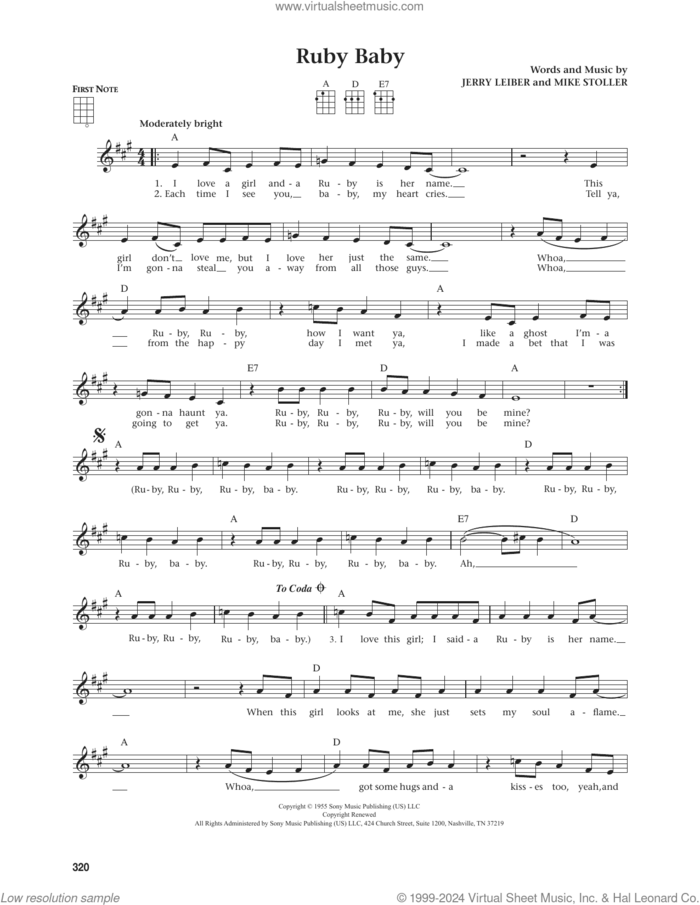 Ruby Baby (from The Daily Ukulele) (arr. Jim Beloff) sheet music for ukulele by Dion, Jim Beloff, Billy 'Crash' Craddock, The Drifters, Jerry Leiber and Mike Stoller, intermediate skill level