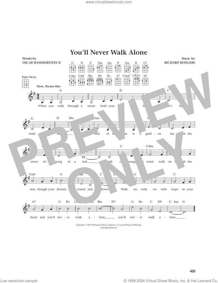 You'll Never Walk Alone (from Carousel) (from The Daily Ukulele) (arr. Jim Beloff) sheet music for ukulele by Rodgers & Hammerstein, Jim Beloff, Andrea Bocelli, Oscar II Hammerstein and Richard Rodgers, intermediate skill level