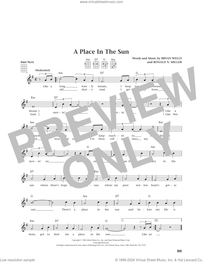 A Place In The Sun (from The Daily Ukulele) (arr. Jim Beloff) sheet music for ukulele by Stevie Wonder, Jim Beloff, Bryan Wells and Ronald N. Miller, intermediate skill level