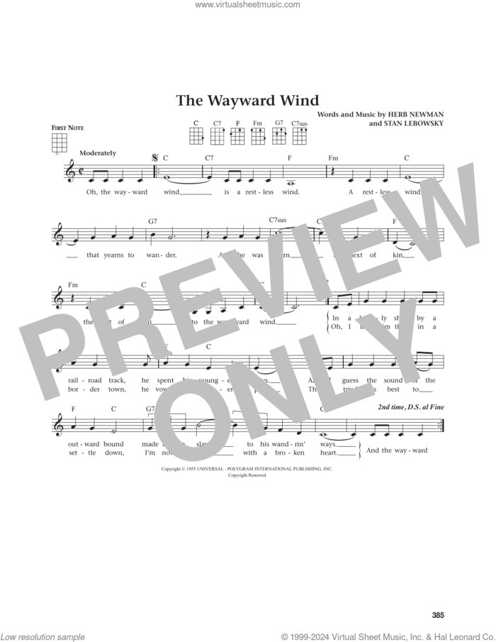 The Wayward Wind (from The Daily Ukulele) (arr. Jim Beloff) sheet music for ukulele by Patsy Cline, Jim Beloff, Gogi Grant, Tex Ritter, Herb Newman and Stan Lebowsky, intermediate skill level