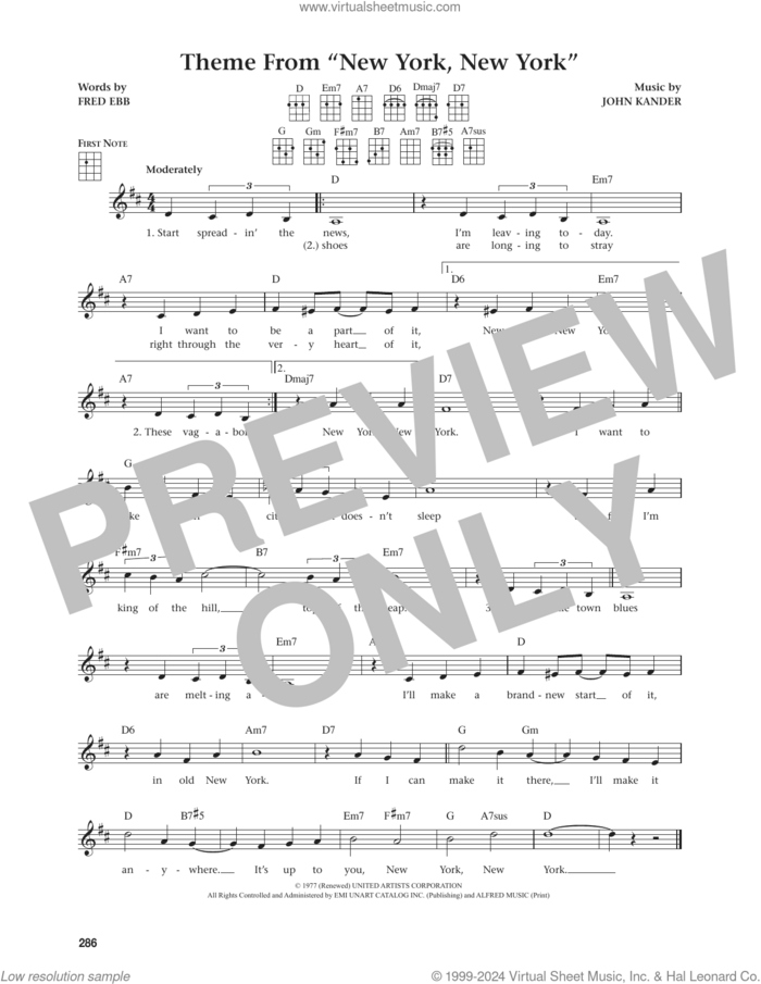 Theme From 'New York, New York' (from The Daily Ukulele) (arr. Jim Beloff) sheet music for ukulele by Frank Sinatra, Jim Beloff, Fred Ebb and John Kander, intermediate skill level