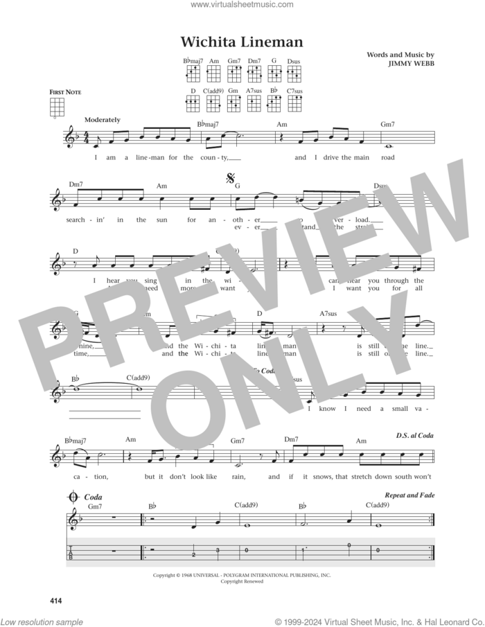 Wichita Lineman (from The Daily Ukulele) (arr. Jim Beloff) sheet music for ukulele by Glen Campbell, Jim Beloff, Wade Hayes and Jimmy Webb, intermediate skill level