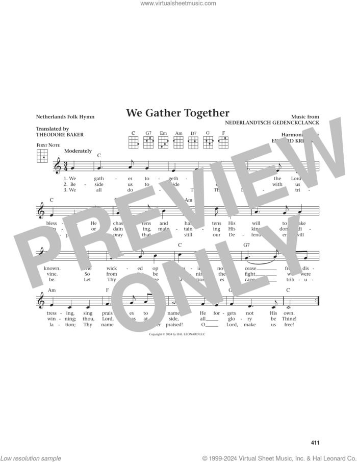 We Gather Together (from The Daily Ukulele) (arr. Jim Beloff) sheet music for ukulele by Theodore Baker, Jim Beloff, Eduard Kremser, Miscellaneous and Nederlandtsch Gedenckclanck, intermediate skill level