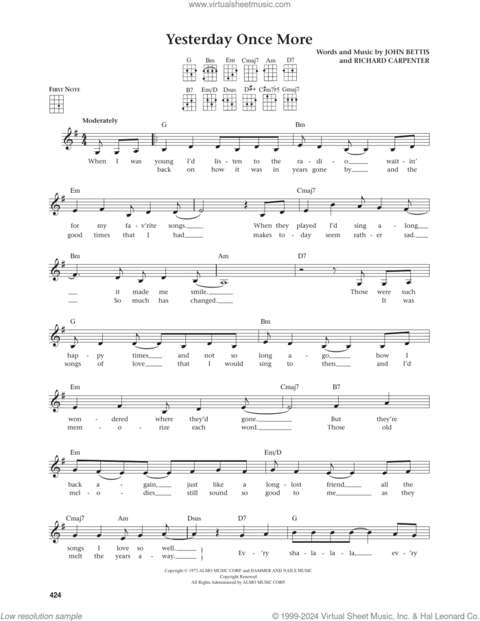 Yesterday Once More (from The Daily Ukulele) (arr. Jim Beloff) sheet music for ukulele by Richard Carpenter, Jim Beloff, Carpenters and John Bettis, intermediate skill level