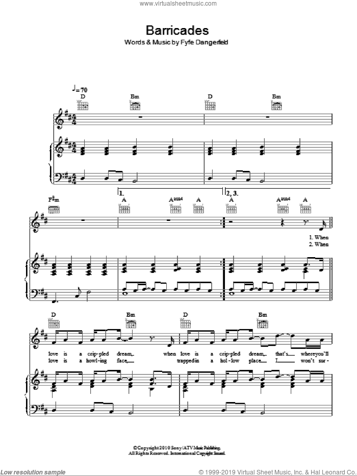 Barricades sheet music for voice, piano or guitar by Fyfe Dangerfield, intermediate skill level