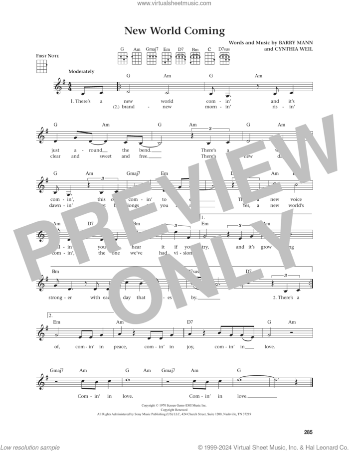 New World Coming (from The Daily Ukulele) (arr. Jim Beloff) sheet music for ukulele by Mama Cass Elliot, Jim Beloff, Barry Mann and Cynthia Weil, intermediate skill level