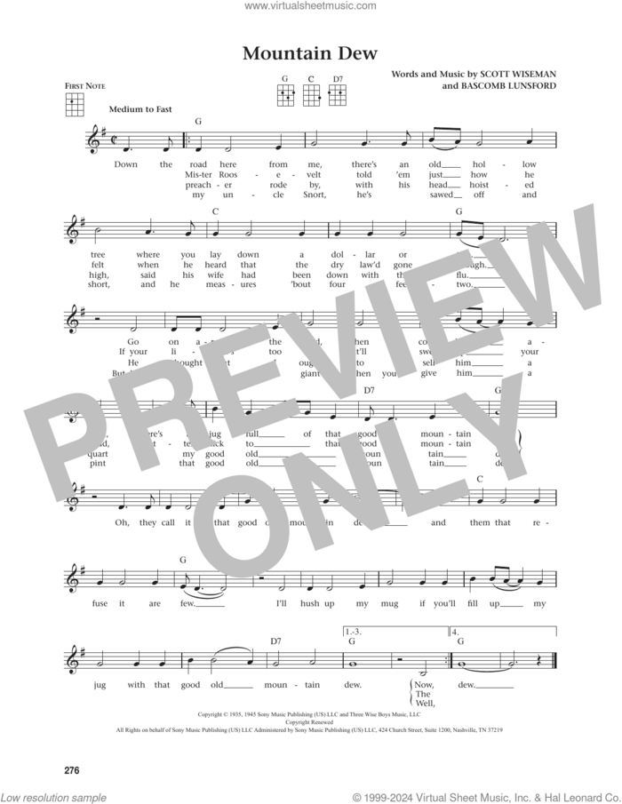 Mountain Dew (from The Daily Ukulele) (arr. Jim Beloff) sheet music for ukulele by Scott Wiseman, Jim Beloff and Bascom Lunsford, intermediate skill level