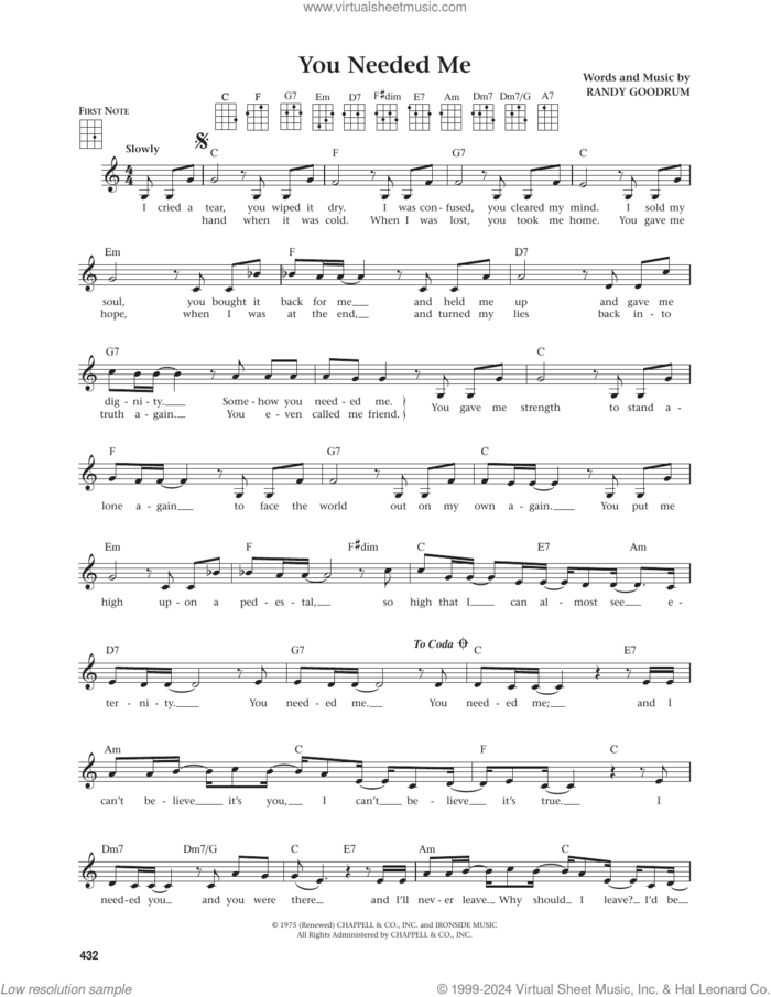 You Needed Me (from The Daily Ukulele) (arr. Jim Beloff) sheet music for ukulele by Anne Murray, Jim Beloff and Randy Goodrum, intermediate skill level