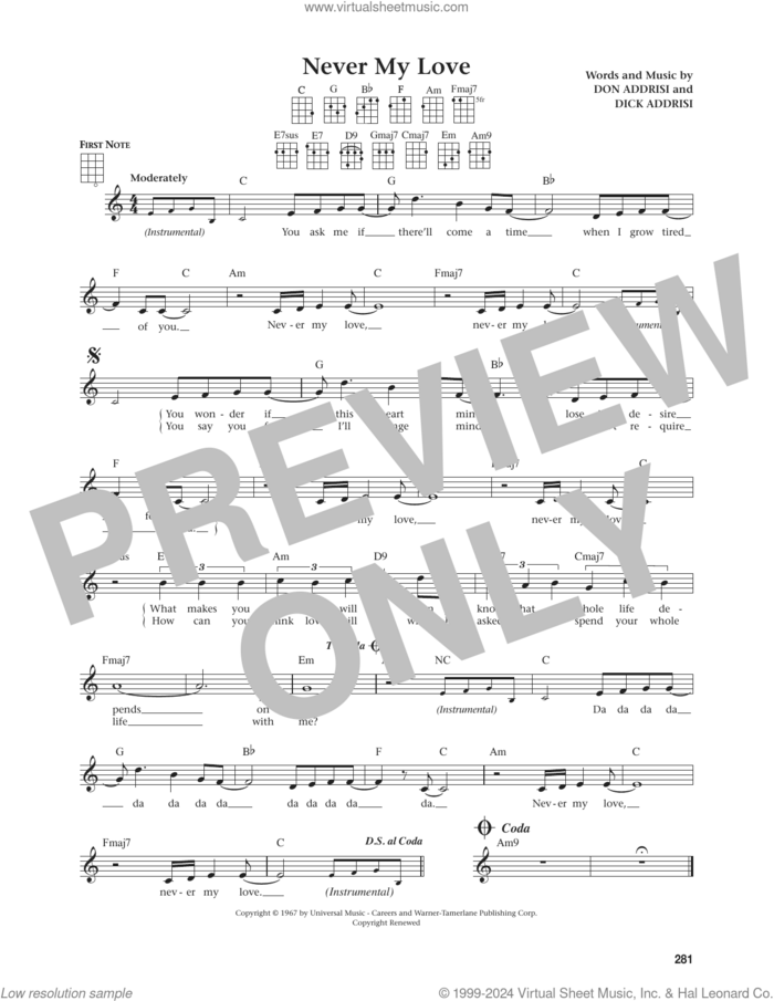 Never My Love (from The Daily Ukulele) (arr. Jim Beloff) sheet music for ukulele by The Association, Jim Beloff, Blue Swede, The Fifth Dimension, Dick Addrisi and Don Addrisi, intermediate skill level