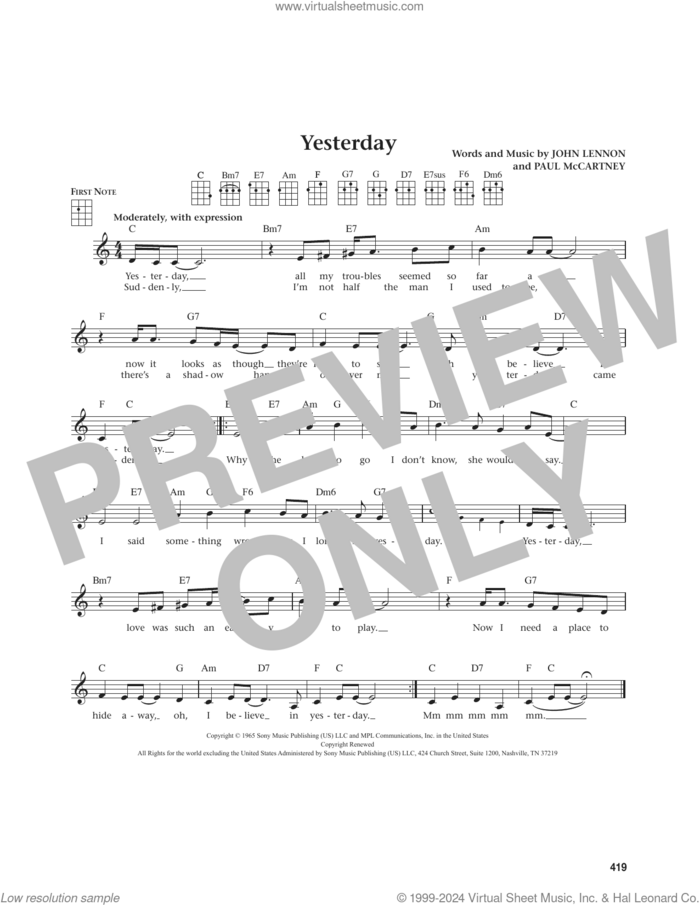 Yesterday (from The Daily Ukulele) (arr. Jim Beloff) sheet music for ukulele by The Beatles, Jim Beloff, John Lennon and Paul McCartney, intermediate skill level