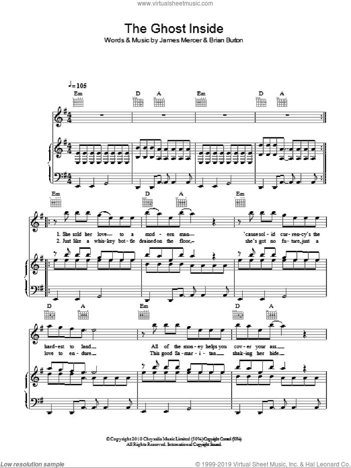 The Ghost Inside sheet music for voice, piano or guitar by Broken Bells, Brian Burton and James Mercer, intermediate skill level