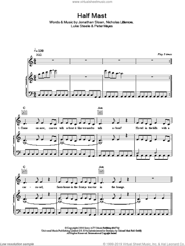 Half Mast sheet music for voice, piano or guitar by Empire Of The Sun, Jonathan Sloan, Luke Steele, Nicholas Littlemore and Peter Mayes, intermediate skill level