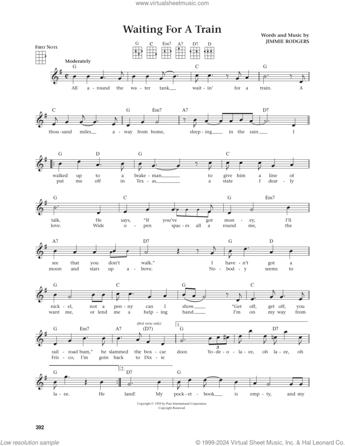 Waiting For A Train (from The Daily Ukulele) (arr. Jim Beloff) sheet music for ukulele by Jimmie Rodgers and Jim Beloff, intermediate skill level