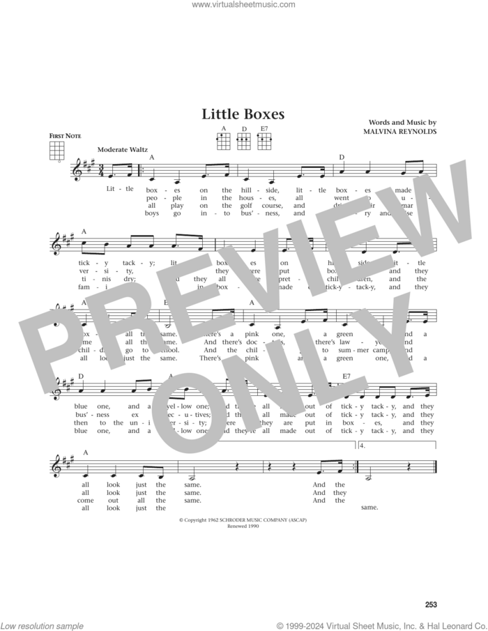 Little Boxes (from The Daily Ukulele) (arr. Jim Beloff) sheet music for ukulele by Pete Seeger, Jim Beloff and Malvina Reynolds, intermediate skill level