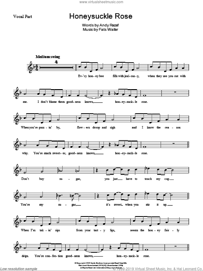 Honeysuckle Rose sheet music for voice and other instruments (fake book) by Andy Razaf and Thomas Waller, intermediate skill level