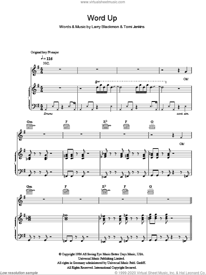 Word Up sheet music for voice, piano or guitar by Cameo, Larry Blackmon and Tomi Jenkins, intermediate skill level