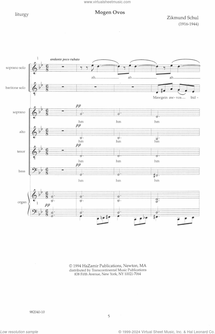 Mogen Ovos sheet music for choir (SATB: soprano, alto, tenor, bass) by Zikmund Schul, classical score, intermediate skill level