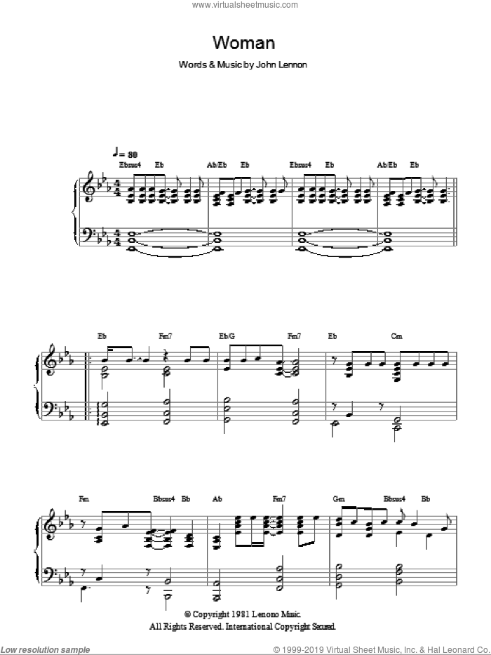Woman sheet music for piano solo by John Lennon, intermediate skill level