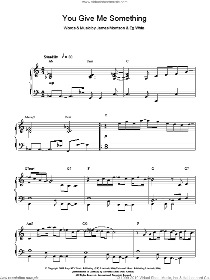 You Give Me Something, (intermediate) sheet music for piano solo by James Morrison and Eg White, intermediate skill level
