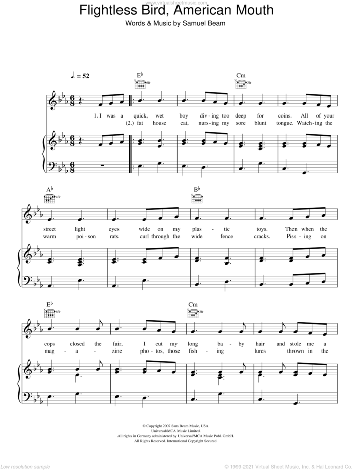 Flightless Bird, American Mouth sheet music for voice, piano or guitar by Iron & Wine and Samuel Beam, intermediate skill level