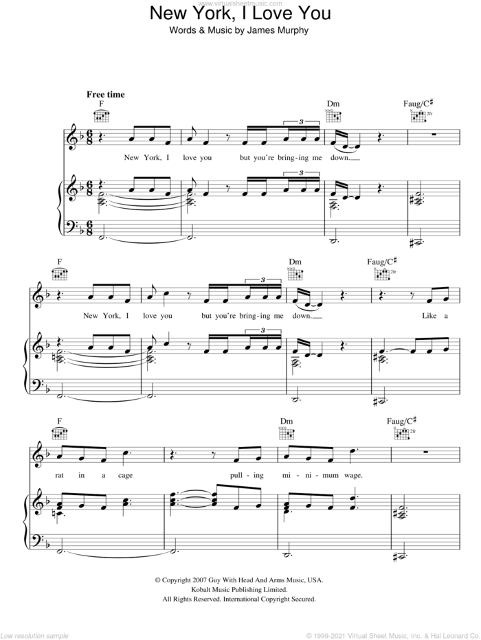 New York, I Love You But You're Bringing Me Down sheet music for voice, piano or guitar by LCD Soundsystem and James Murphy, intermediate skill level