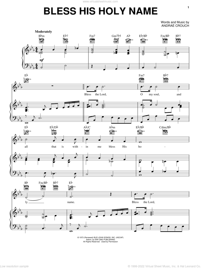 Bless His Holy Name sheet music for voice, piano or guitar by Andrae Crouch and Andrae Crouch, intermediate skill level