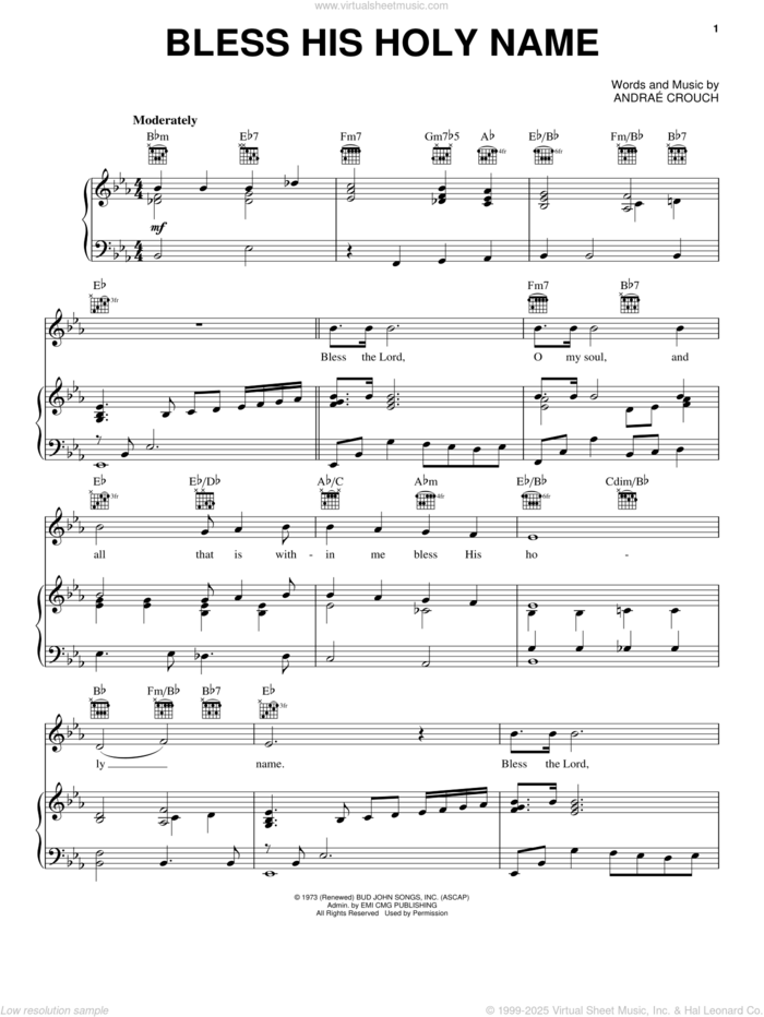 Bless His Holy Name sheet music for voice, piano or guitar by Andrae Crouch and Andrae Crouch, intermediate skill level