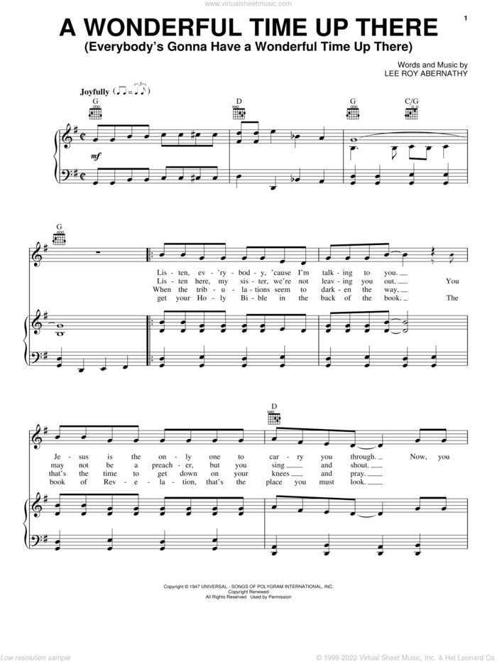 A Wonderful Time Up There (Everybody's Gonna Have A Wonderful Time Up There) sheet music for voice, piano or guitar by Pat Boone and Lee Roy Abernathy, intermediate skill level