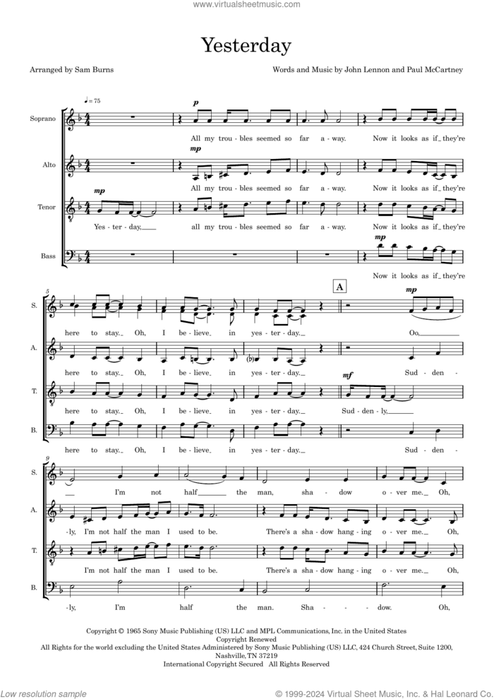 Yesterday (arr. Sam Burns) sheet music for choir (SSAATB) by The Beatles, Sam Burns, John Lennon and Paul McCartney, intermediate skill level