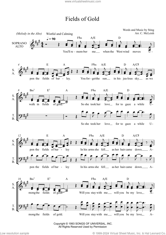 Fields Of Gold (arr. Craig McLeish) sheet music for choir (SATB: soprano, alto, tenor, bass) by Sting and Craig McLeish, intermediate skill level