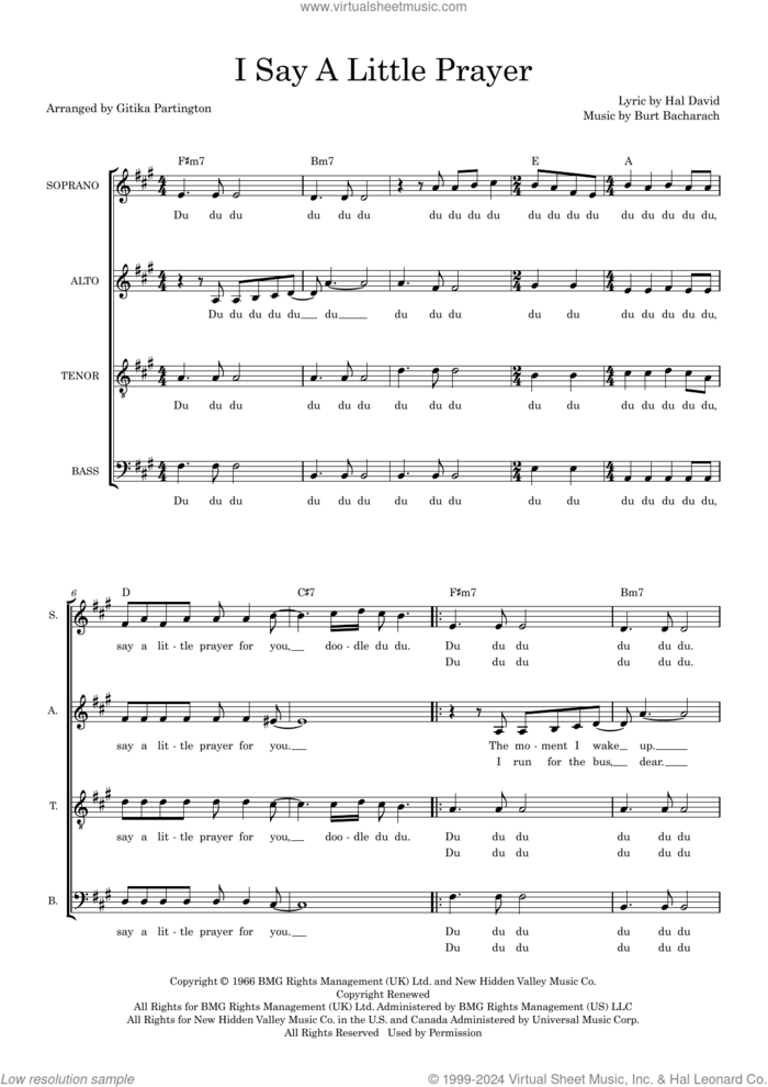 I Say A Little Prayer (arr. Gitika Partington) sheet music for choir (SATB: soprano, alto, tenor, bass) by Hal David and Burt Bacharach, Gitika Partington, Burt Bacharach and Hal David, intermediate skill level