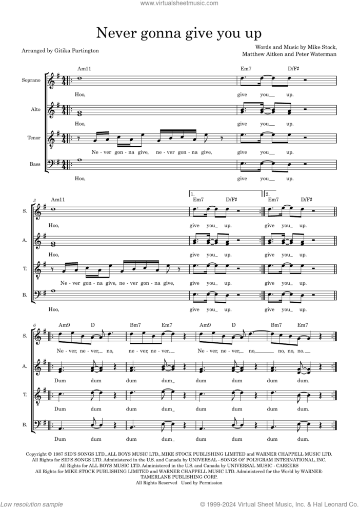 Never Gonna Give You Up (arr. Gitika Partington) sheet music for choir (SAATB) by Rick Astley and Gitika Partington, intermediate skill level