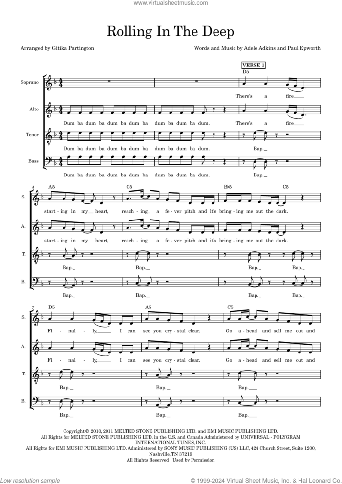 Rolling In The Deep (arr. Gitika Partington) sheet music for choir (SATB: soprano, alto, tenor, bass) by Adele, Gitika Partington, Adele Adkins and Paul Epworth, intermediate skill level