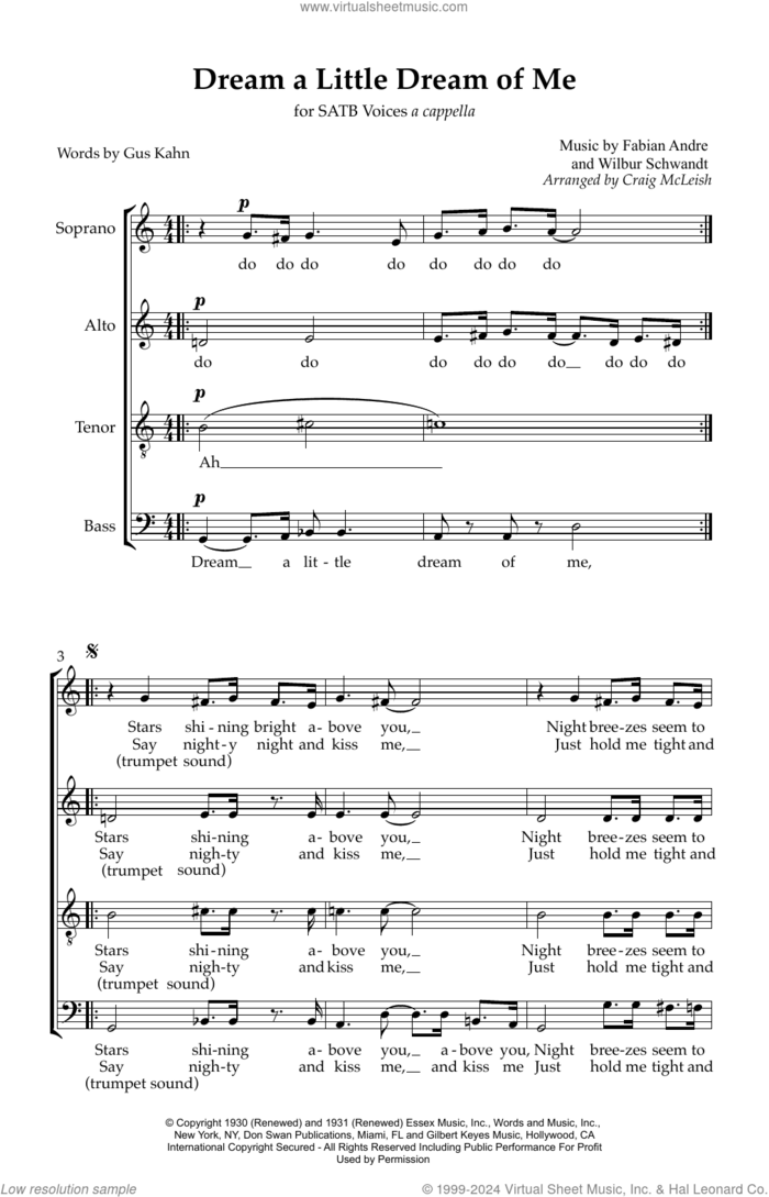 Dream A Little Dream Of Me (arr. Craig McLeish) sheet music for choir (SATB: soprano, alto, tenor, bass) by Doris Day, Craig McLeish, Fabian Andre, Gus Kahn and Wilbur Schwandt, intermediate skill level