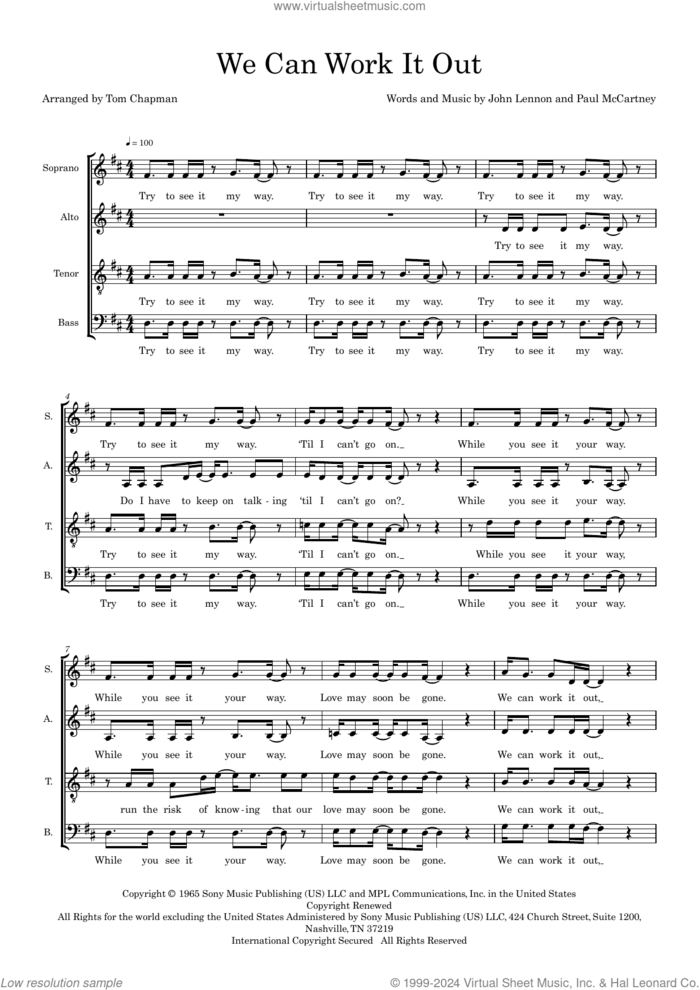 We Can Work It Out (arr. Tom Chapman) sheet music for choir (SATB: soprano, alto, tenor, bass) by The Beatles, Tom Chapman, John Lennon and Paul McCartney, intermediate skill level