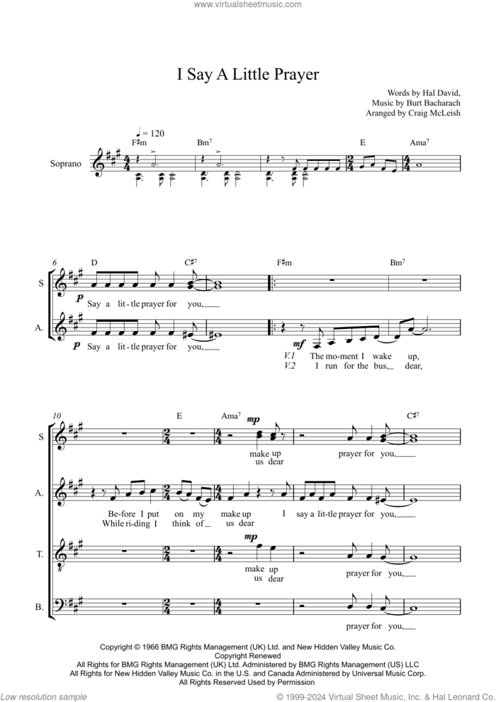 I Say A Little Prayer (arr. Craig McLeish) sheet music for choir (SSATB) by Hal David and Burt Bacharach, Craig McLeish, Burt Bacharach and Hal David, intermediate skill level