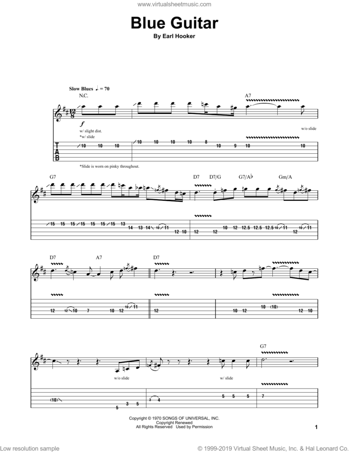 Blue Guitar sheet music for guitar (tablature, play-along) by Earl Hooker, intermediate skill level