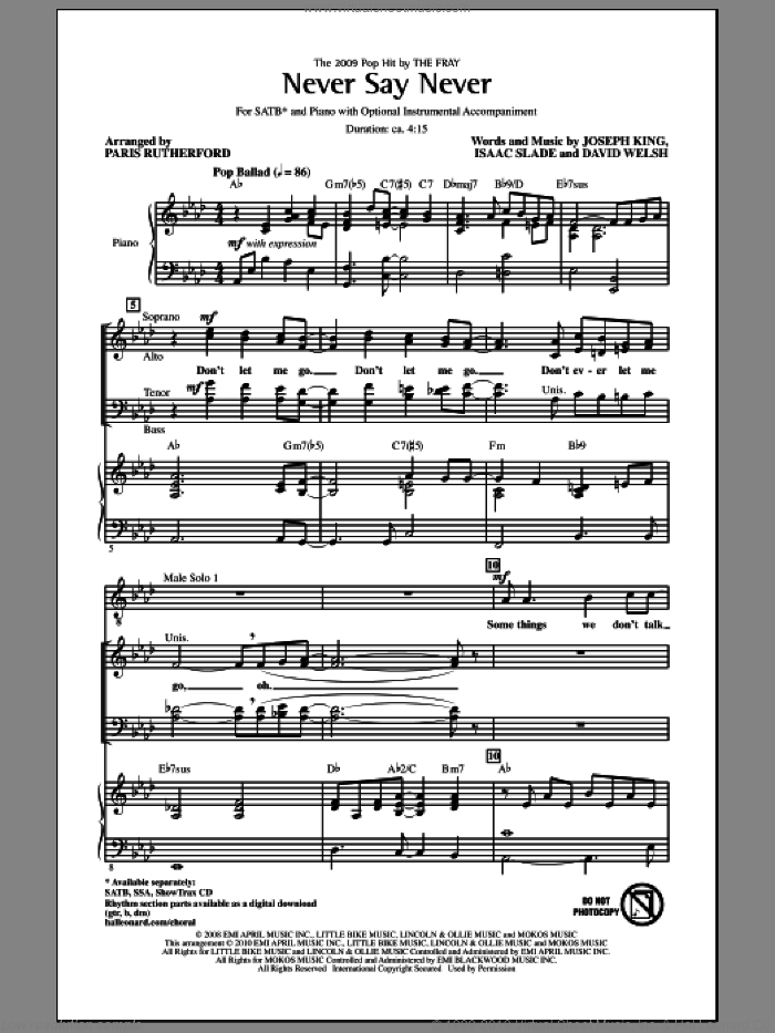 Never Say Never sheet music for choir (SATB: soprano, alto, tenor, bass) by Paris Rutherford, David Welsh, Isaac Slade, Joseph King and The Fray, intermediate skill level
