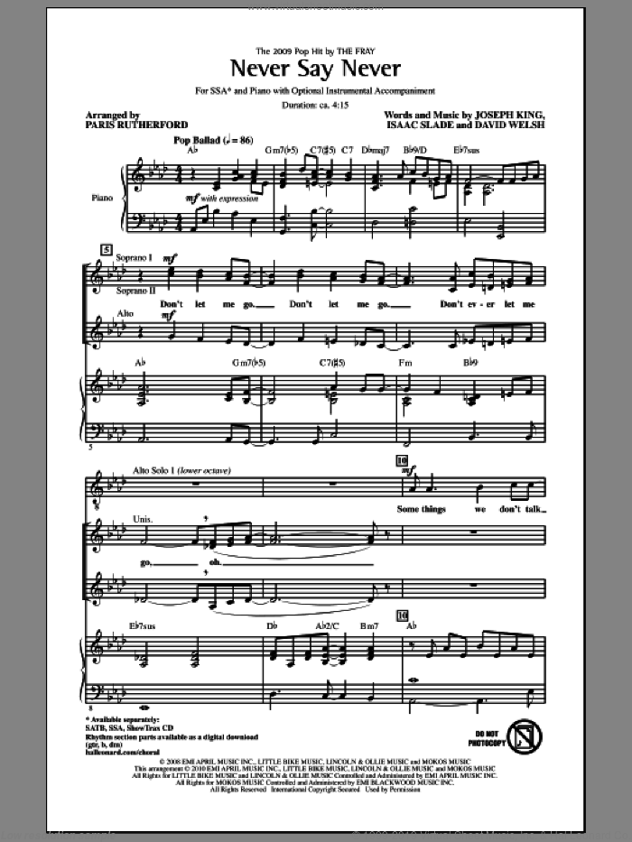 Never Say Never sheet music for choir (SSA: soprano, alto) by Paris Rutherford, David Welsh, Isaac Slade, Joseph King and The Fray, intermediate skill level