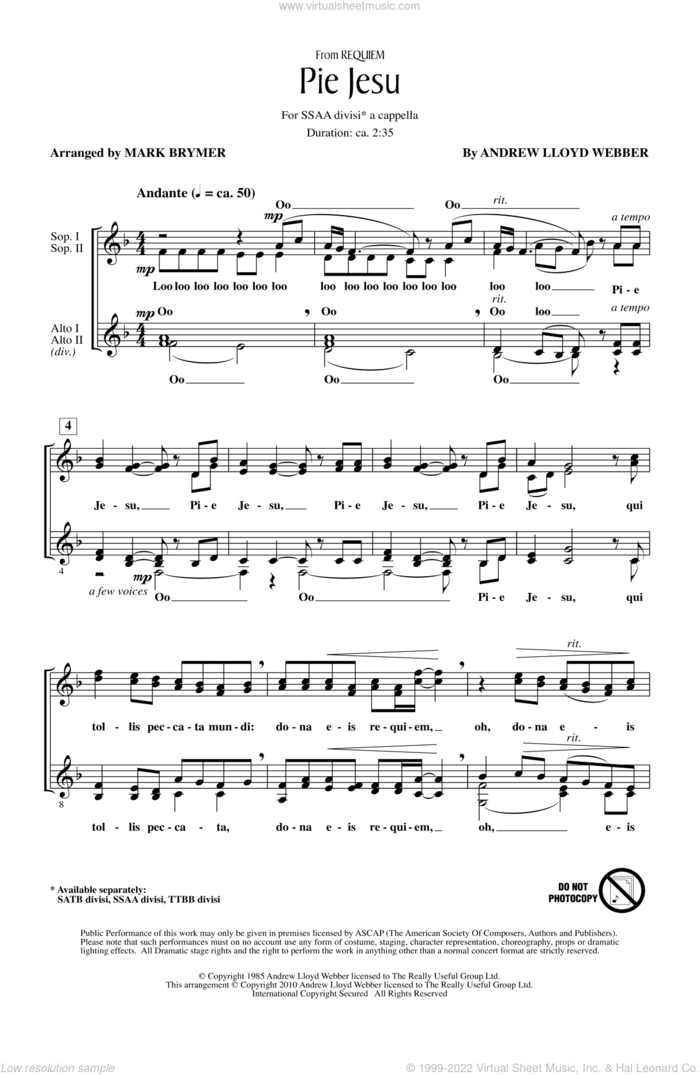 Pie Jesu (from Requiem) sheet music for choir (SSA: soprano, alto) by Andrew Lloyd Webber and Mark Brymer, intermediate skill level