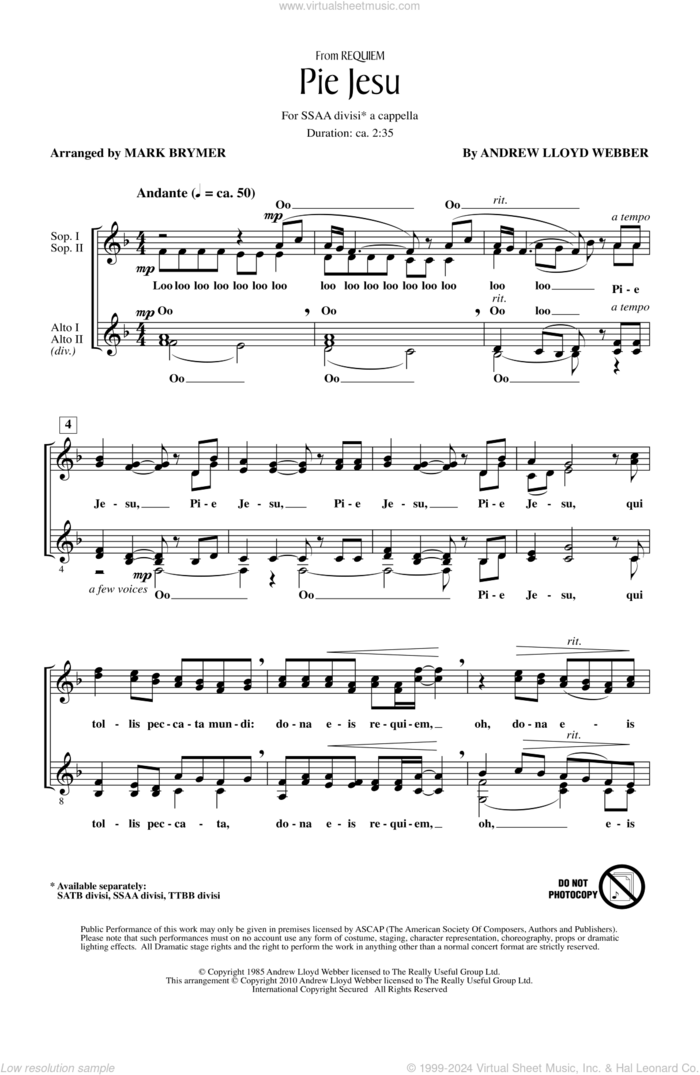 Pie Jesu (from Requiem) sheet music for choir (SSA: soprano, alto) by Andrew Lloyd Webber and Mark Brymer, intermediate skill level