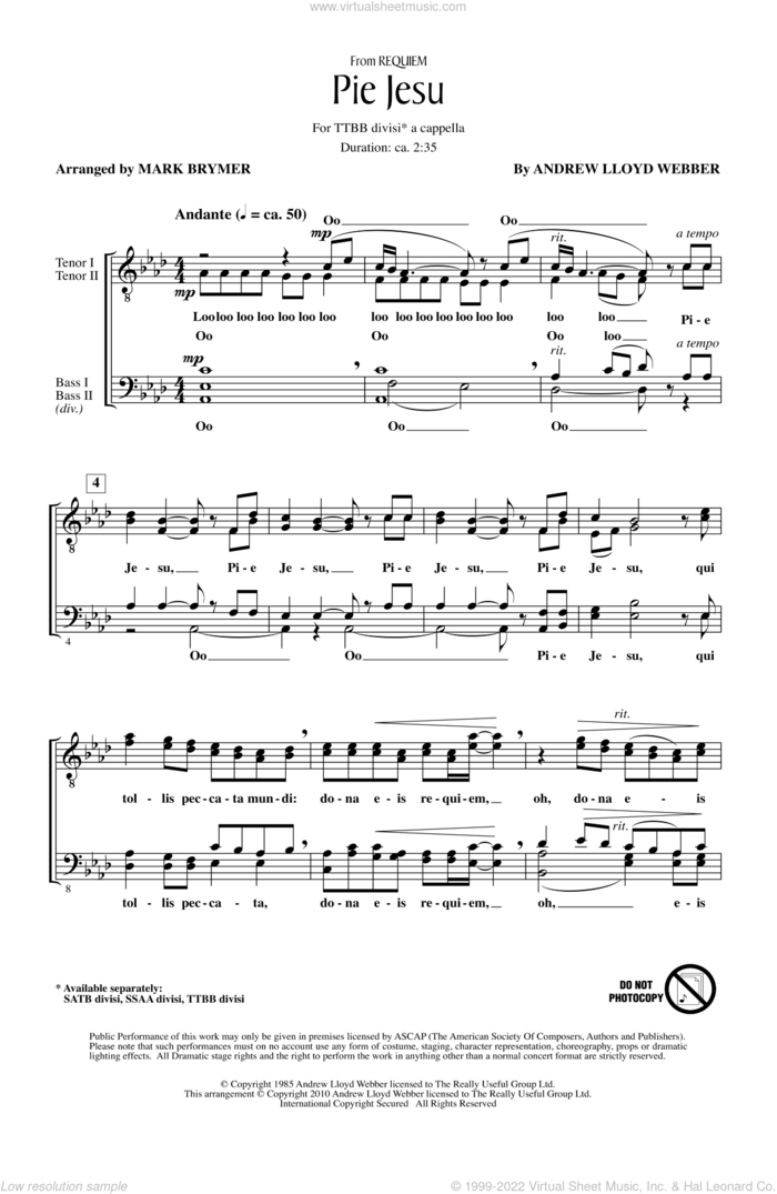 Pie Jesu (from Requiem) sheet music for choir (TTBB: tenor, bass) by Andrew Lloyd Webber and Mark Brymer, intermediate skill level