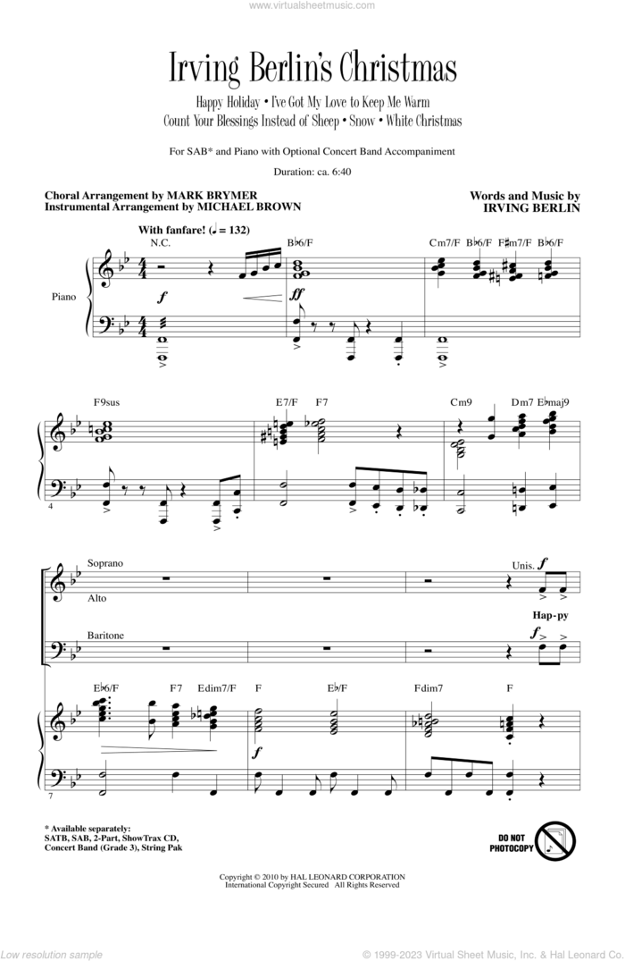 Irving Berlin's Christmas (Medley) sheet music for choir (SAB: soprano, alto, bass) by Irving Berlin, Mark Brymer and Michael Brown, intermediate skill level
