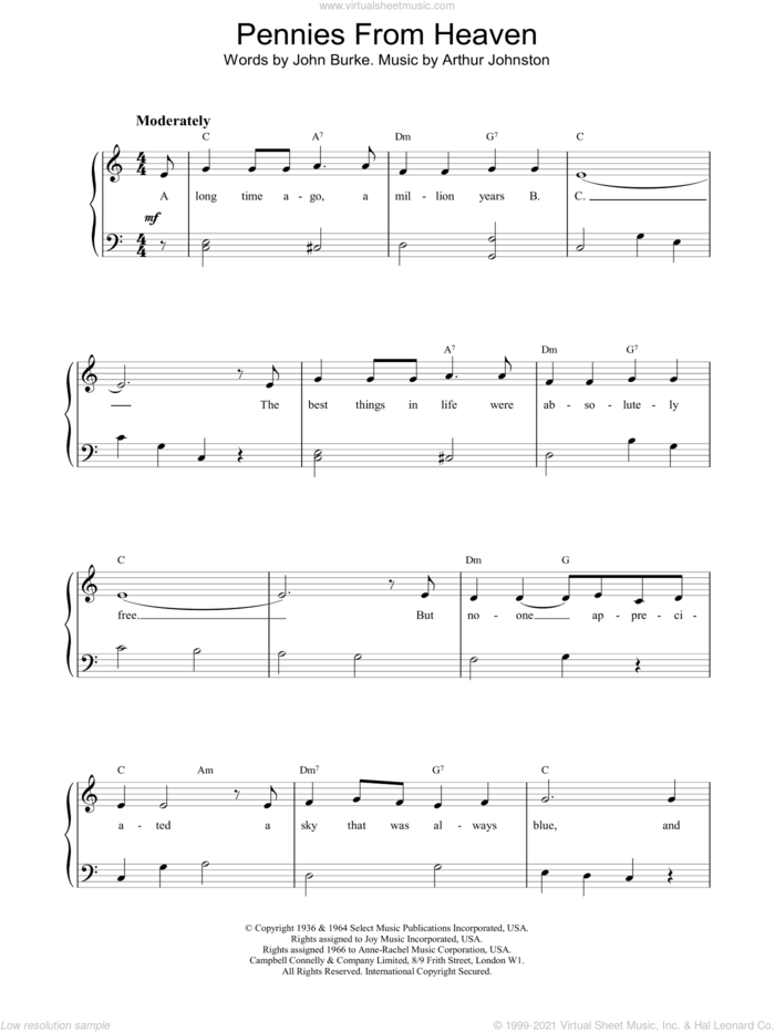 Pennies From Heaven, (intermediate) sheet music for piano solo by Bing Crosby, Arthur Johnston and John Burke, intermediate skill level