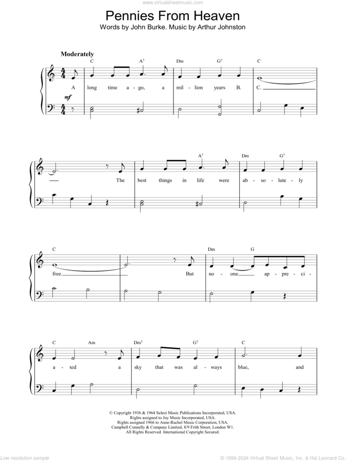 Pennies From Heaven, (intermediate) sheet music for piano solo by Bing Crosby, Arthur Johnston and John Burke, intermediate skill level