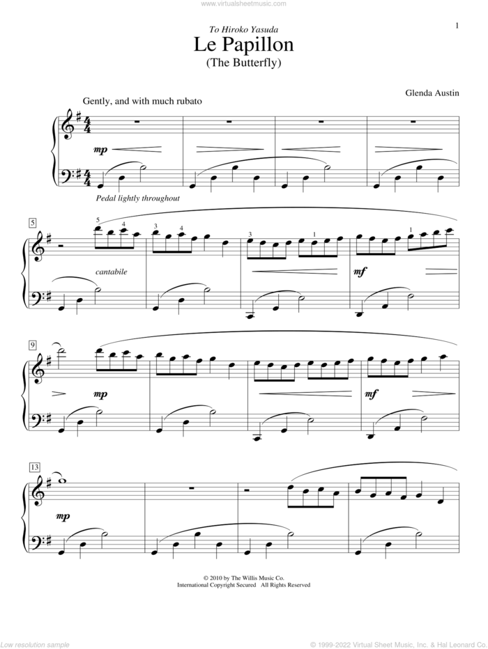 Le Papillon sheet music for piano solo (elementary) by Glenda Austin, beginner piano (elementary)