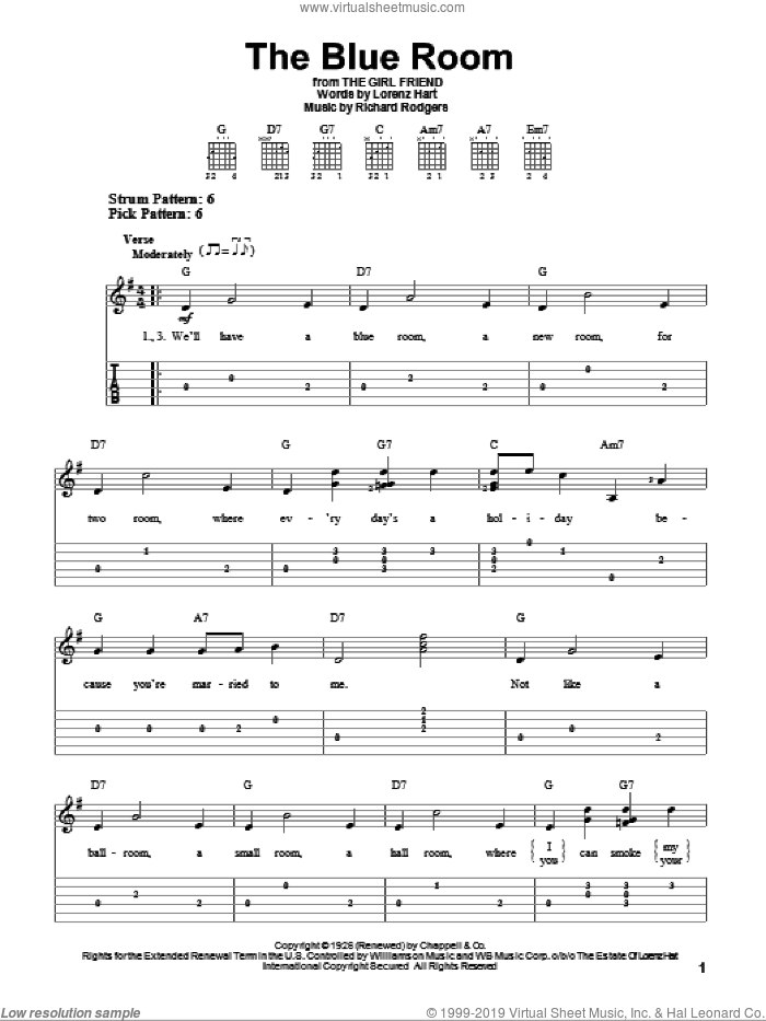 The Blue Room sheet music for guitar solo (easy tablature) by Rodgers & Hart, Lorenz Hart and Richard Rodgers, easy guitar (easy tablature)