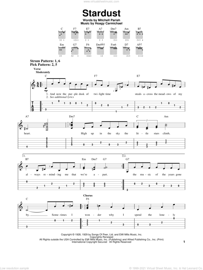 Stardust sheet music for guitar solo (easy tablature) by Hoagy Carmichael and Mitchell Parish, easy guitar (easy tablature)