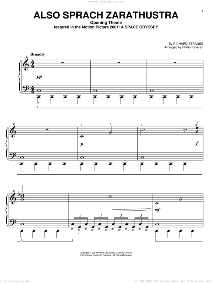 Also Sprach Zarathustra, Opening Theme (from 2001: A Space Odyssey) (arr. Phillip Keveren) sheet music for piano solo by Richard Strauss and Phillip Keveren, classical score, easy skill level